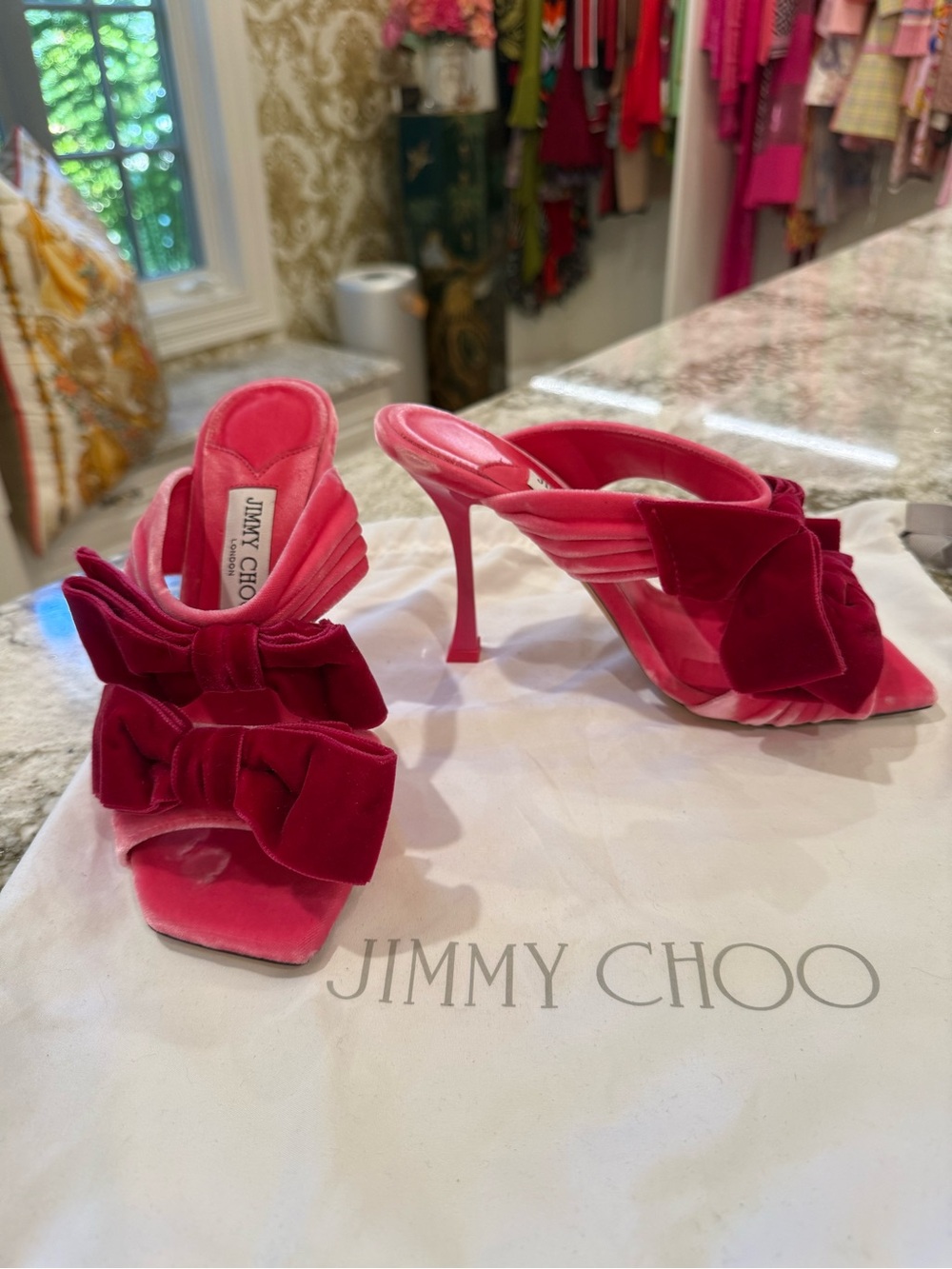 Jimmy Choo Hot Pink Velvet Bow Stiletto Mules